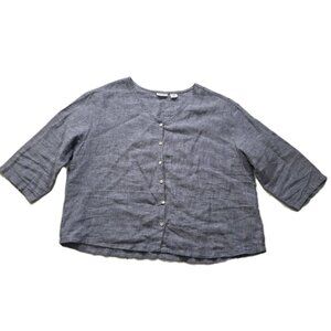 Sigrid Olsen Linen Top Womens L Blue SS Buttons Blouse Cottage Coastal Lagenlook